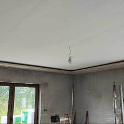 Bud-mat - Gładki, biały sufit z dekoracyjną listwą w wykończonym wnętrzu. Ściany przygotowane do malowania. Widoczne okna i drabina malarska.