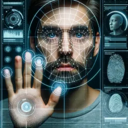 Mężczyzna z siatką na twarzy, dłoń na ekranie z interfejsem skanowania biometrycznego, w tle dane biometryczne i skany odcisków palców.