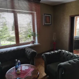 Elegancki salon z ciemnozielonymi fotelami typu Chesterfield, drewnianym stolikiem z wodą i szklankami, oraz widokiem na zieleń przez okno z żaluzjami.