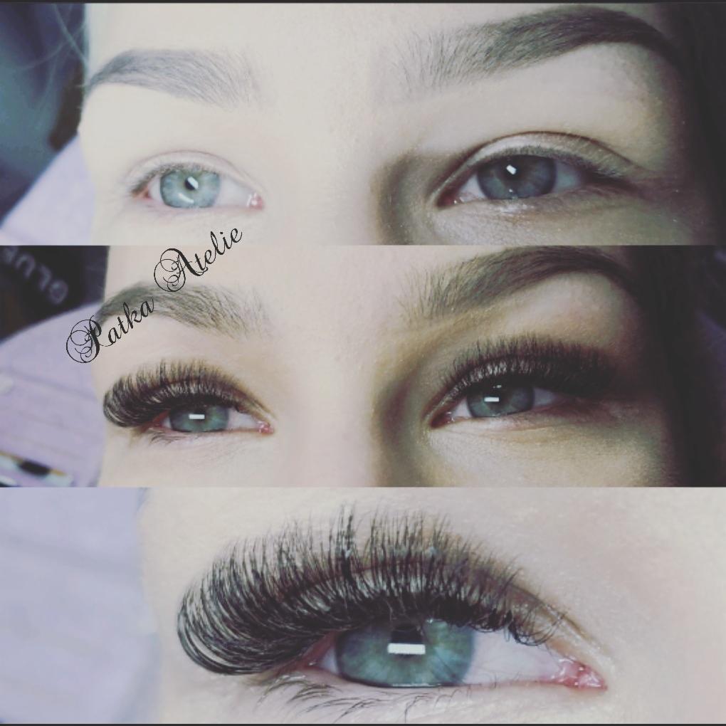 Porównanie rzęs przed i po zabiegu przedłużania, widoczne trzy etapy: naturalne rzęsy, delikatne przedłużenie i efekt objętościowy.