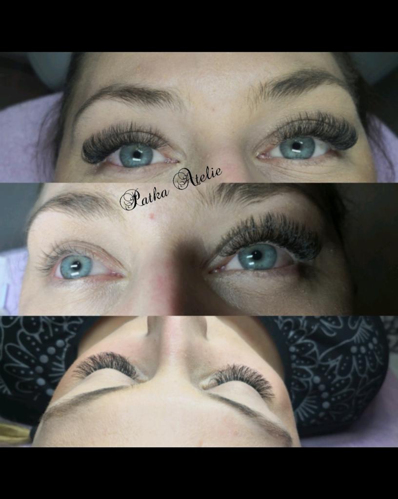 Przedłużone rzęsy w Łańcucie, widok z trzech różnych perspektyw, uwydatniający niebieskie oczy klientki.