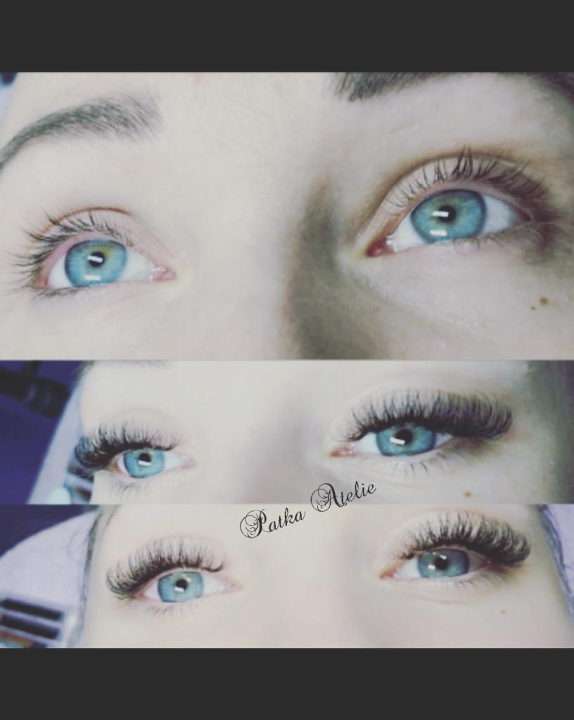 Zbliżenie na oczy klientki przed i po zabiegu przedłużania rzęs metodą objętościową, widoczna różnica w gęstości i długości rzęs, logo salonu w środkowej części.