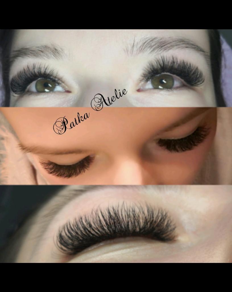 Kolaż trzech zbliżeń na oczy z przedłużonymi rzęsami, prezentujący różne style i gęstości, z delikatnym logo 'Patka Atelie' na środkowym ujęciu.