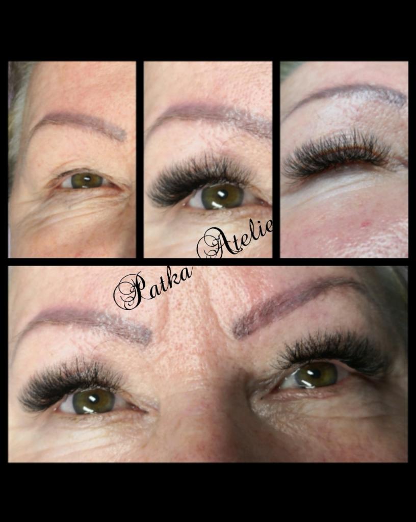 Zbliżenie na oczy kobiety przed i po zabiegu przedłużania rzęs, widoczne różnice w gęstości i długości rzęs, oraz kształcie brwi.