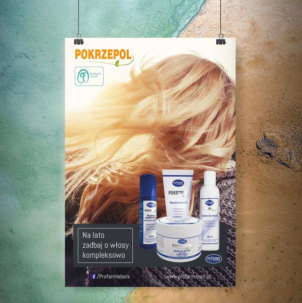 Projekt plakatu reklamowego z blond włosami w tle i zestawem kosmetyków marki Pokrzepol na pierwszym planie.