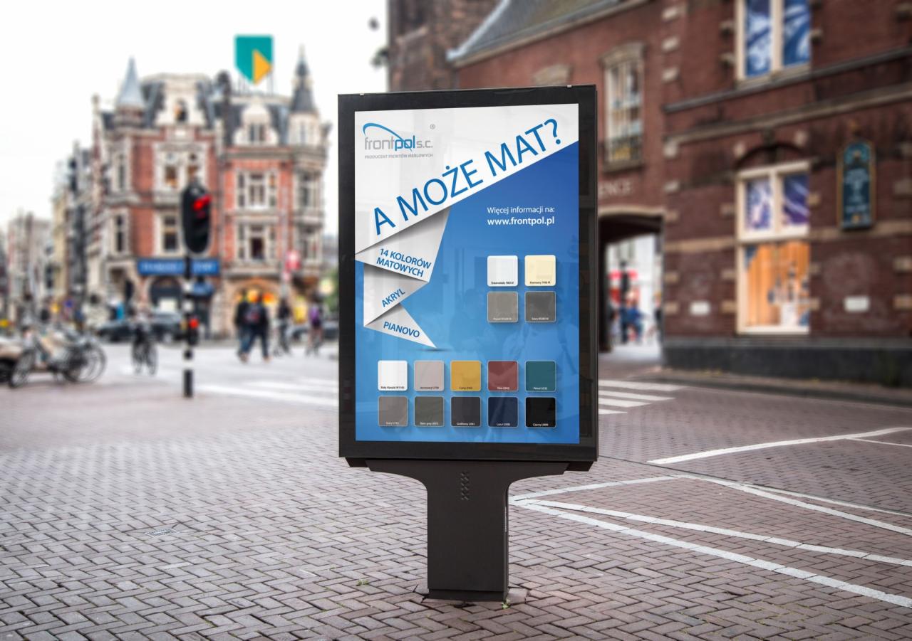 Projekt plakatu reklamowego na ulicy prezentujący 14 kolorów matowych farb akrylowych i piankowych firmy Frontpol