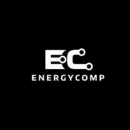 Logo firmy Energycomp na czarnym tle, litery EC połączone elementami przypominającymi obwód elektroniczny.
