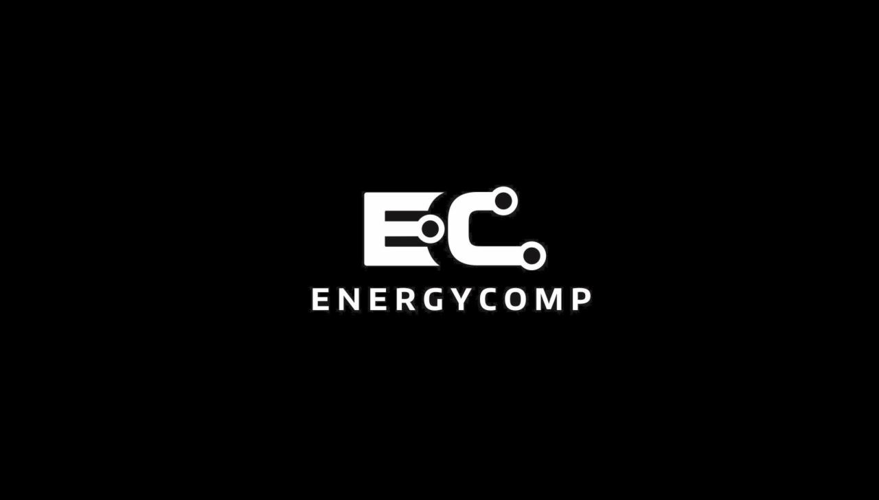 Logo firmy Energycomp na czarnym tle, litery EC połączone elementami przypominającymi obwód elektroniczny.