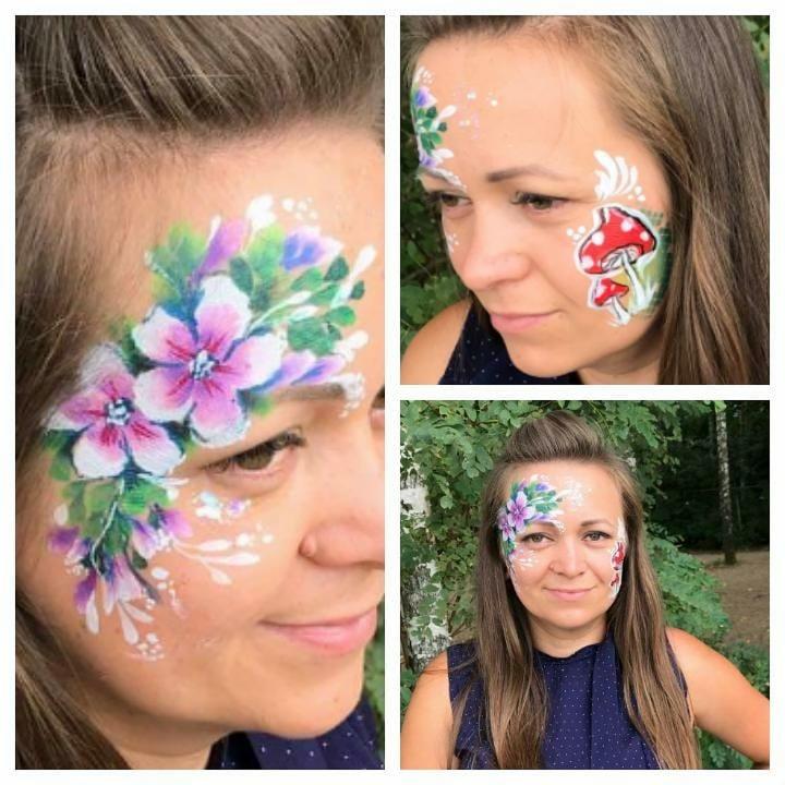 Kolaż przedstawiający kobietę z pomalowaną twarzą w kwiaty i grzyby. Na lewym zdjęciu zbliżenie kwiatów na policzku, na górnym prawym grzyby, a na dolnym prawym cała twarz z oboma motywami.