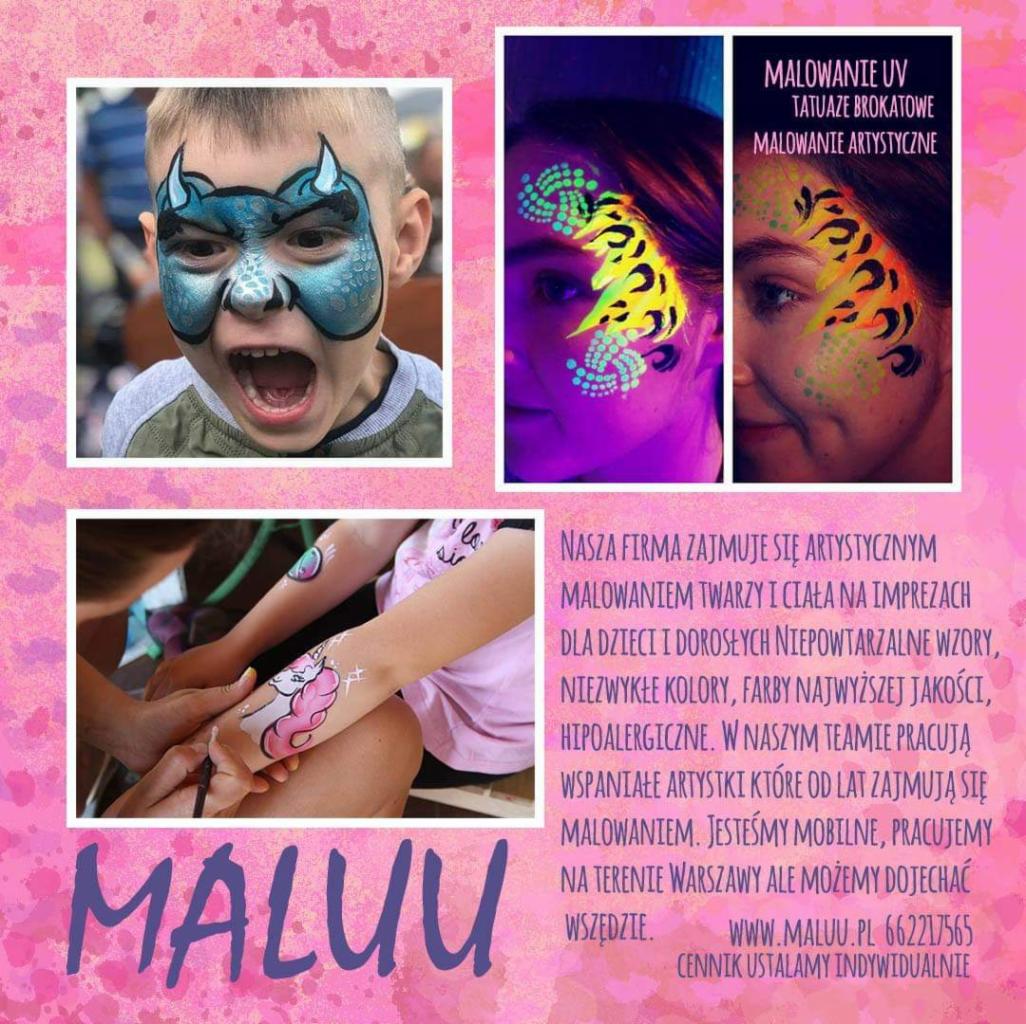 Kolaż zdjęć prezentujący malowanie twarzy i ciała: dziecko z pomalowaną twarzą smoka, zbliżenie twarzy z fluorescencyjnym malunkiem UV i malowanie jednorożca na ramieniu dziecka.