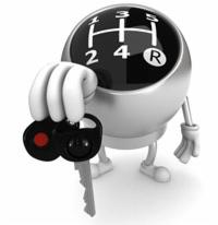 Animowana gałka zmiany biegów trzymająca kluczyk samochodowy na białym tle.