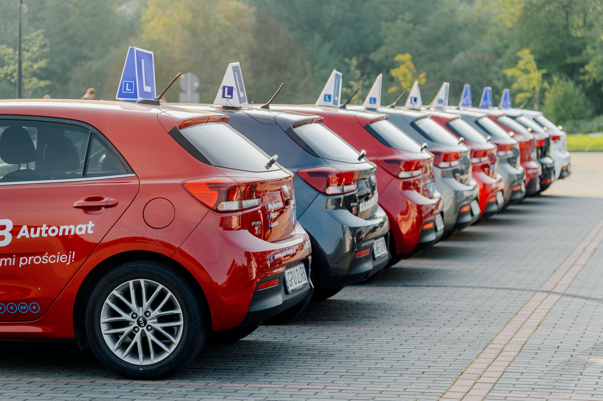 Szereg zaparkowanych samochodów Kia Rio w kolorach czerwonym, szarym i białym, z oznaczeniami 'L' na dachu, należących do Akademii Szkoły Jazdy TEMPO, widok z tyłu, na brukowanym parkingu.