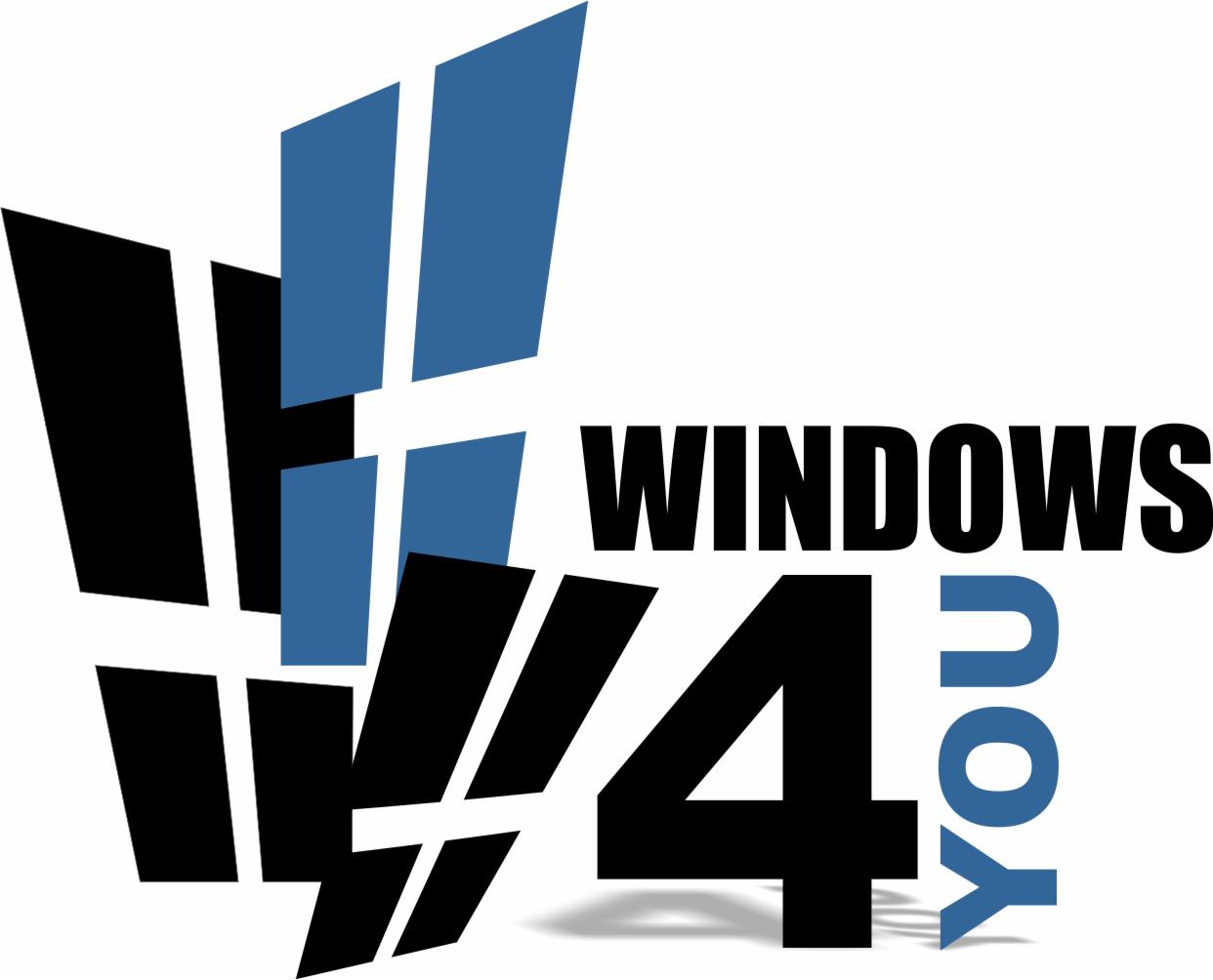 Graficzne logo firmy 'Windows 4 You' z abstrakcyjnym symbolem okna w kolorach czarnym i niebieskim.