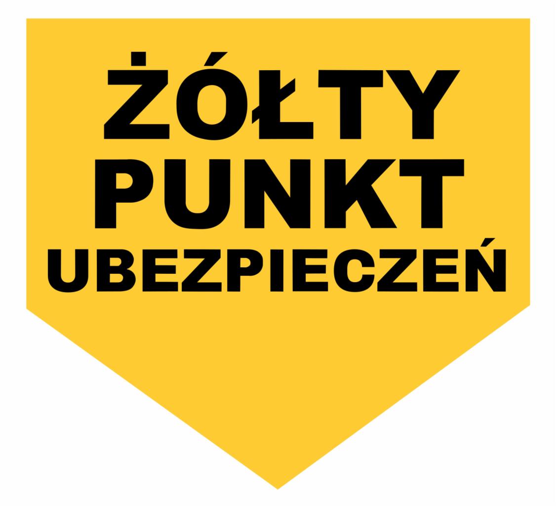 Logo Żółty Punkt Ubezpieczeń na żółtym tle w kształcie odwróconego trapezu.