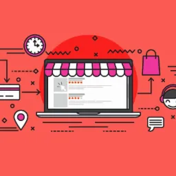 Ilustracja wektorowa przedstawiająca proces zakupowy online: laptop z markizą, symbolizujący sklep, płatności kartą, telefon, koszyk, torba na zakupy, słuchawki, czat, lokalizacja, zegar i procent...