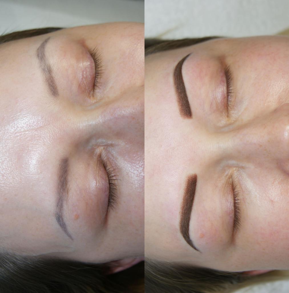 Porównanie brwi przed i po zabiegu makijażu permanentnego; widoczne subtelne zmiany w kształcie i odcieniu, uwydatniające naturalny łuk brwiowy.