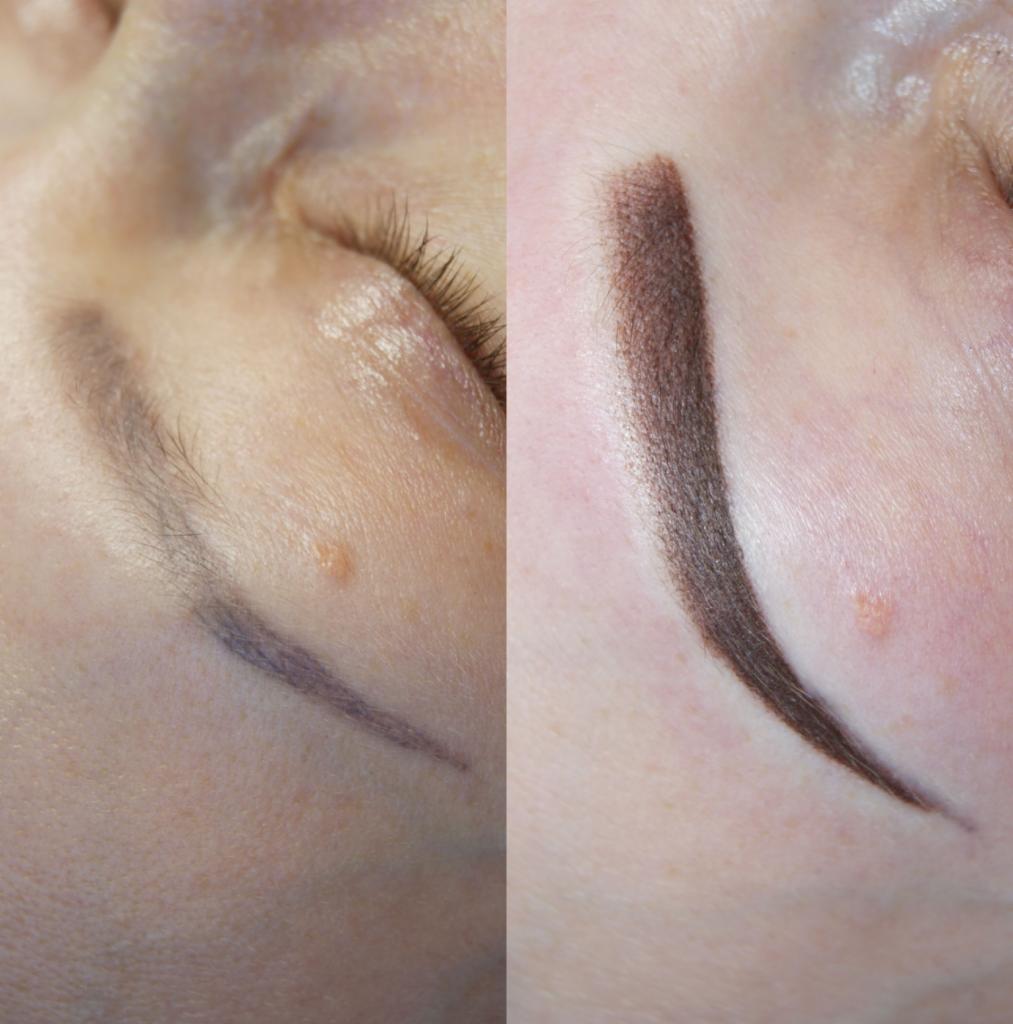 Zbliżenie na twarz kobiety przed i po zabiegu pigmentacji brwi, widoczna różnica w kształcie i kolorze brwi.