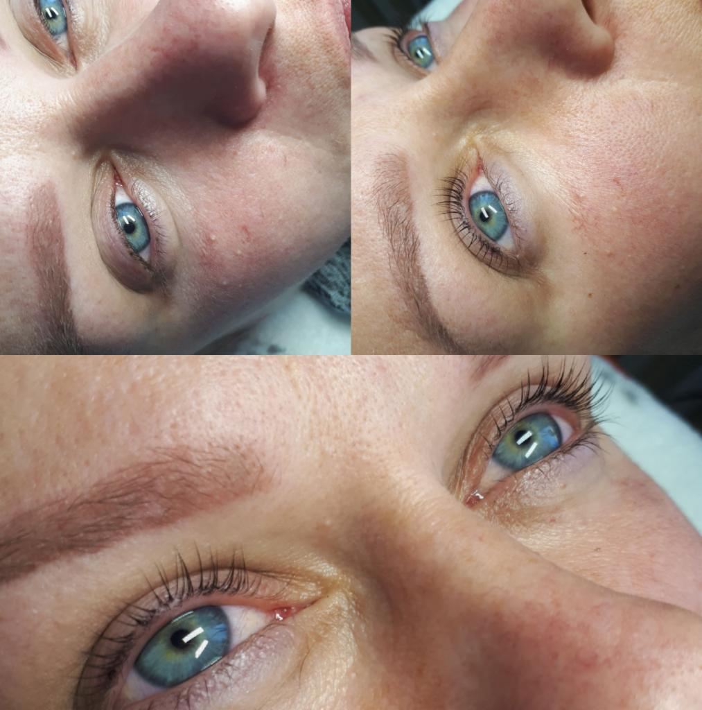Zbliżenie na oko z widocznym efektem liftingu rzęs, na kolażu widoczne oko przed i po zabiegu, podkreślone brwi, jasna tęczówka.