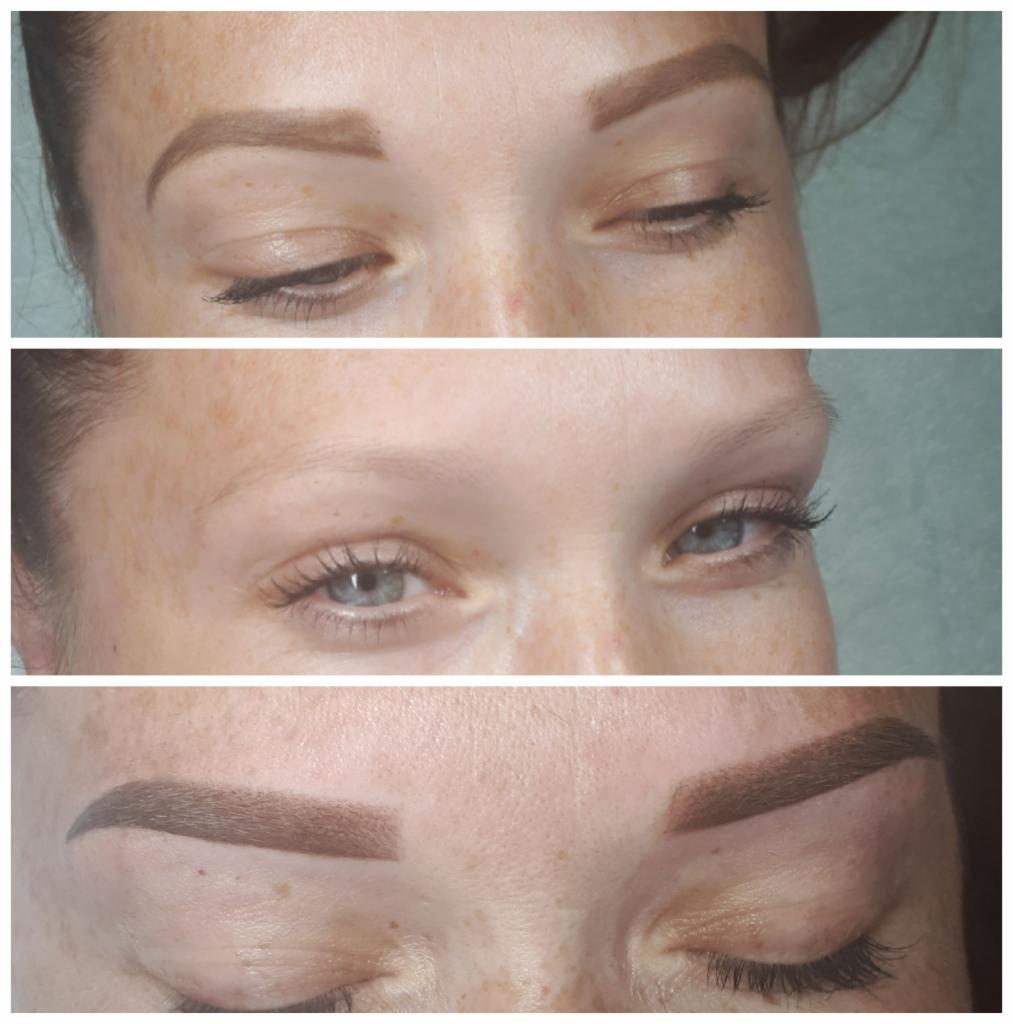 Trzy zdjęcia zbliżające oczy i brwi klientki: przed, w trakcie i po zabiegu pigmentacji brwi metodą pudrową, widoczne różnice w kształcie i kolorze brwi.
