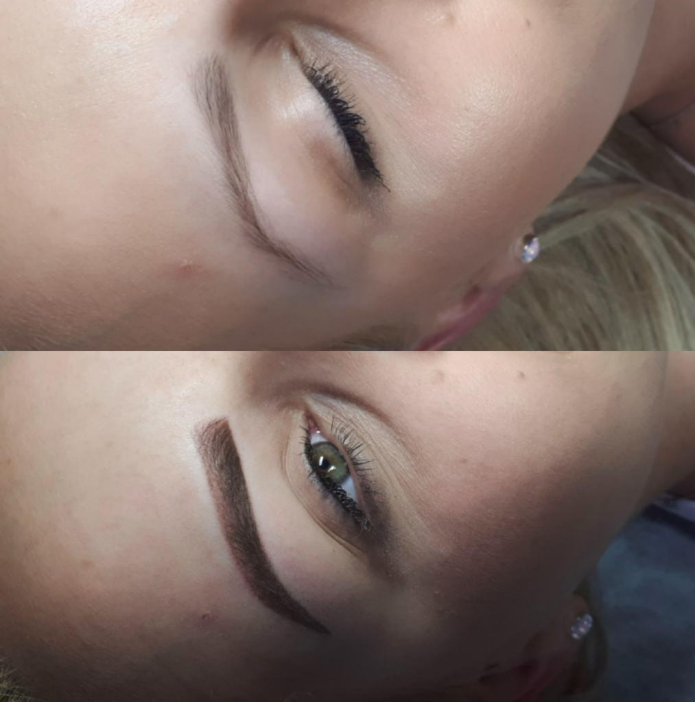 Zbliżenie na twarz kobiety przed i po zabiegu pigmentacji brwi, widoczna różnica w kształcie i intensywności koloru, delikatny makijaż oka z eyelinerem.
