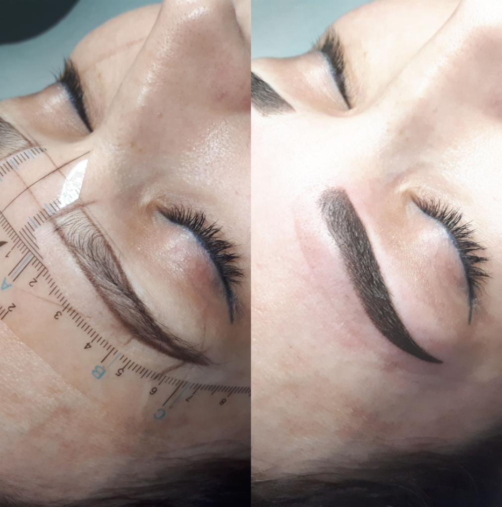 Porównanie brwi przed i po zabiegu makijażu permanentnego; po lewej brwi przed zabiegiem z naniesionymi pomiarami, po prawej brwi po zabiegu z wyraźnie zarysowanym kształtem.