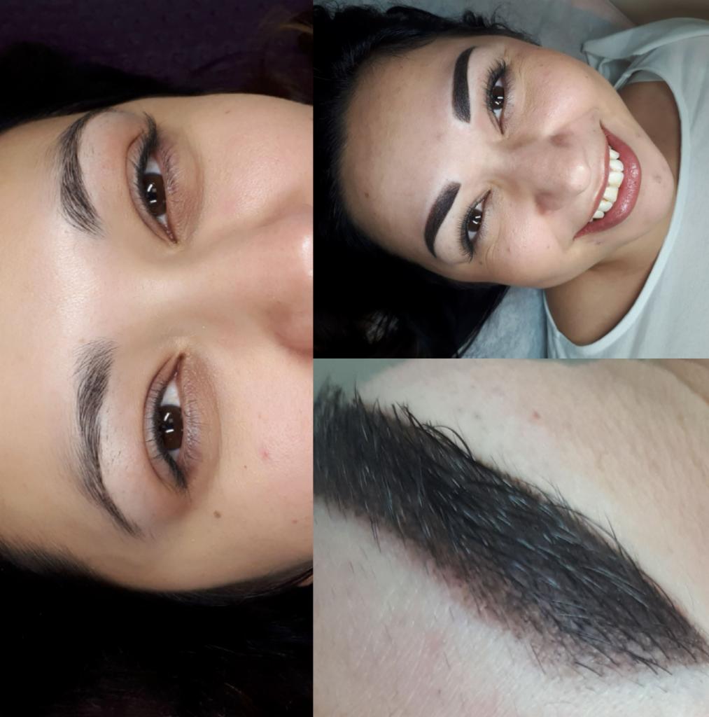 Kolaż: zbliżenie na brwi przed i po zabiegu makijażu permanentnego, uśmiechnięta klientka z widocznymi brwiami po zabiegu.