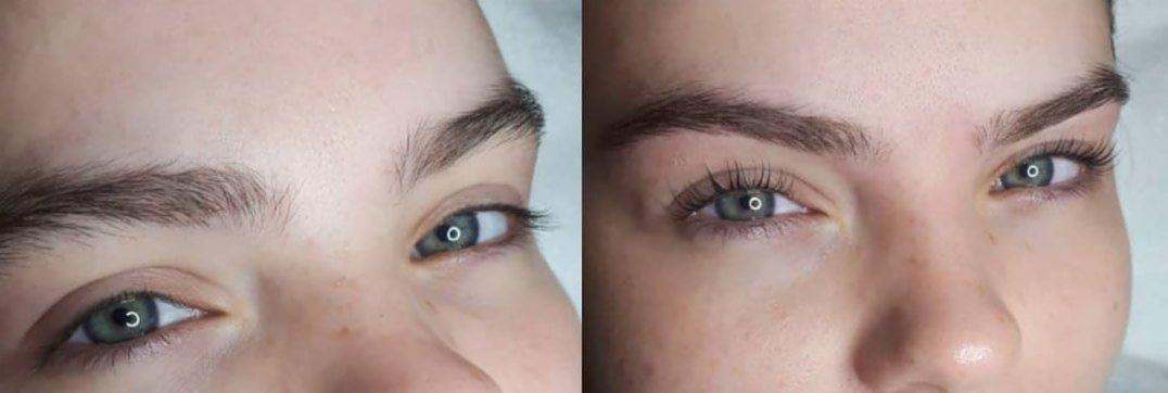 Zbliżenie na oczy przed i po liftingu rzęs i regulacji brwi, widoczne różnice w długości i ułożeniu rzęs oraz kształcie brwi.
