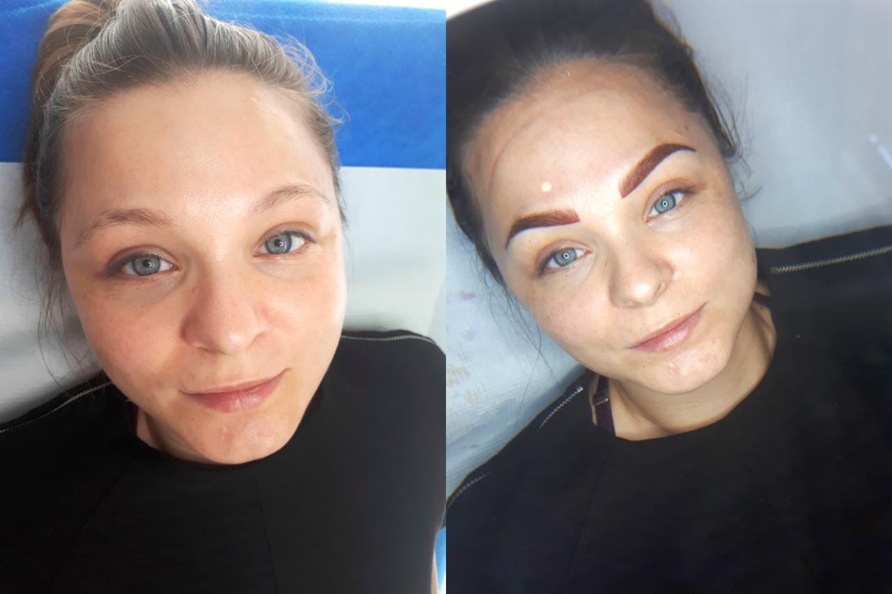 Porównanie brwi przed i po zabiegu pigmentacji; widoczne różnice w kształcie i kolorze, z bliska, na twarzy kobiety o jasnej karnacji i niebieskich oczach.