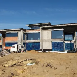 Surowy stan nowoczesnego domu z betonu i cegły z niebieską folią ochronną na oknach, widoczny na tle plac budowy z zaparkowanym białym vanem i sprzętem budowlanym.