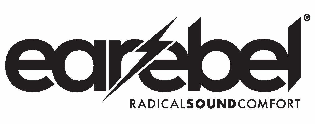 Czarno-białe logo 'earzebel' z napisem 'RADICALSOUNDCOMFORT' poniżej.