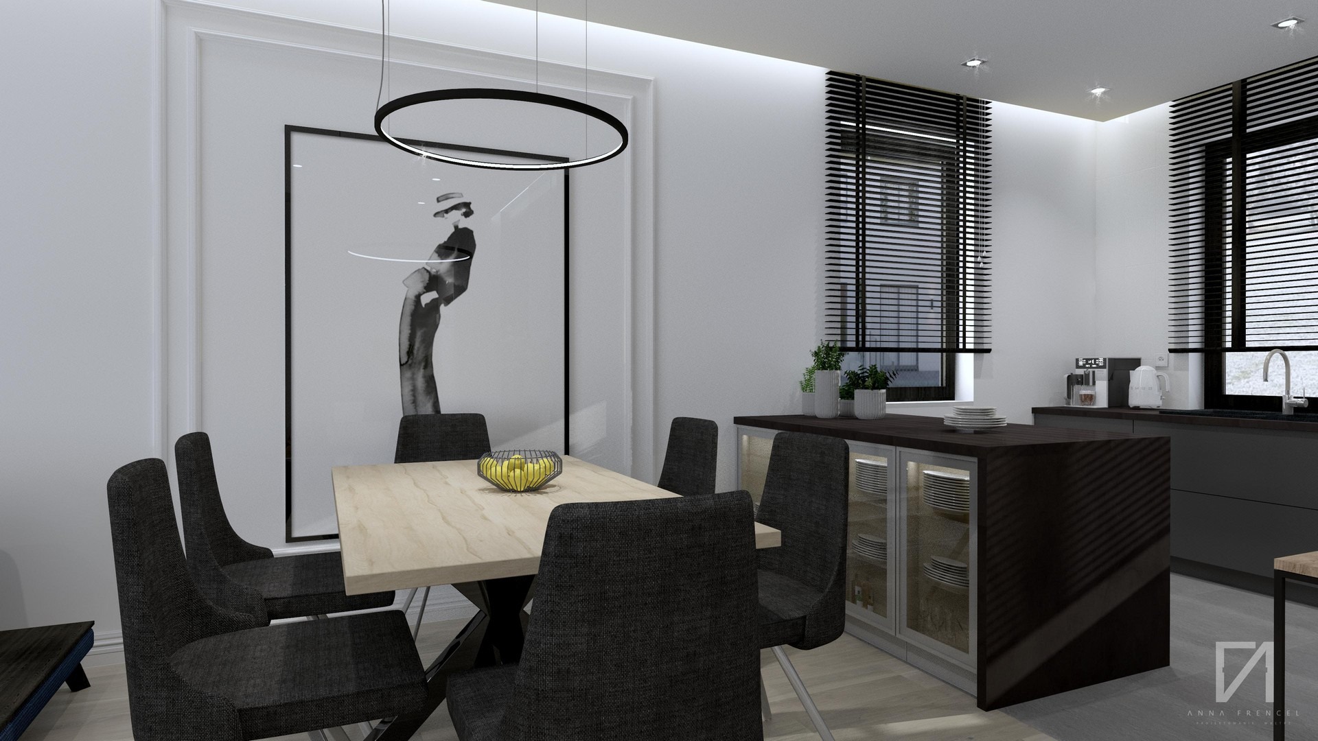 Wizualizacja jadalni w nowoczesnym stylu: stół z jasnym blatem i czarnymi krzesłami, okrągła lampa nad stołem, grafika w czarnej ramie na ścianie, kuchnia z ciemnymi szafkami i żaluzjami w tle.