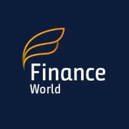 Logo firmy 'Finance World' we Wrocławiu, z abstrakcyjnym symbolem złotego skrzydła nad nazwą, na granatowym tle.
