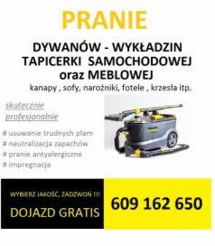 Plakat reklamowy usługi czyszczenia dywanów i tapicerki samochodowej oraz meblowej, z informacją o usuwaniu plam, neutralizacji zapachów, praniu antyalergicznym i impregnacji. Widoczny numer...