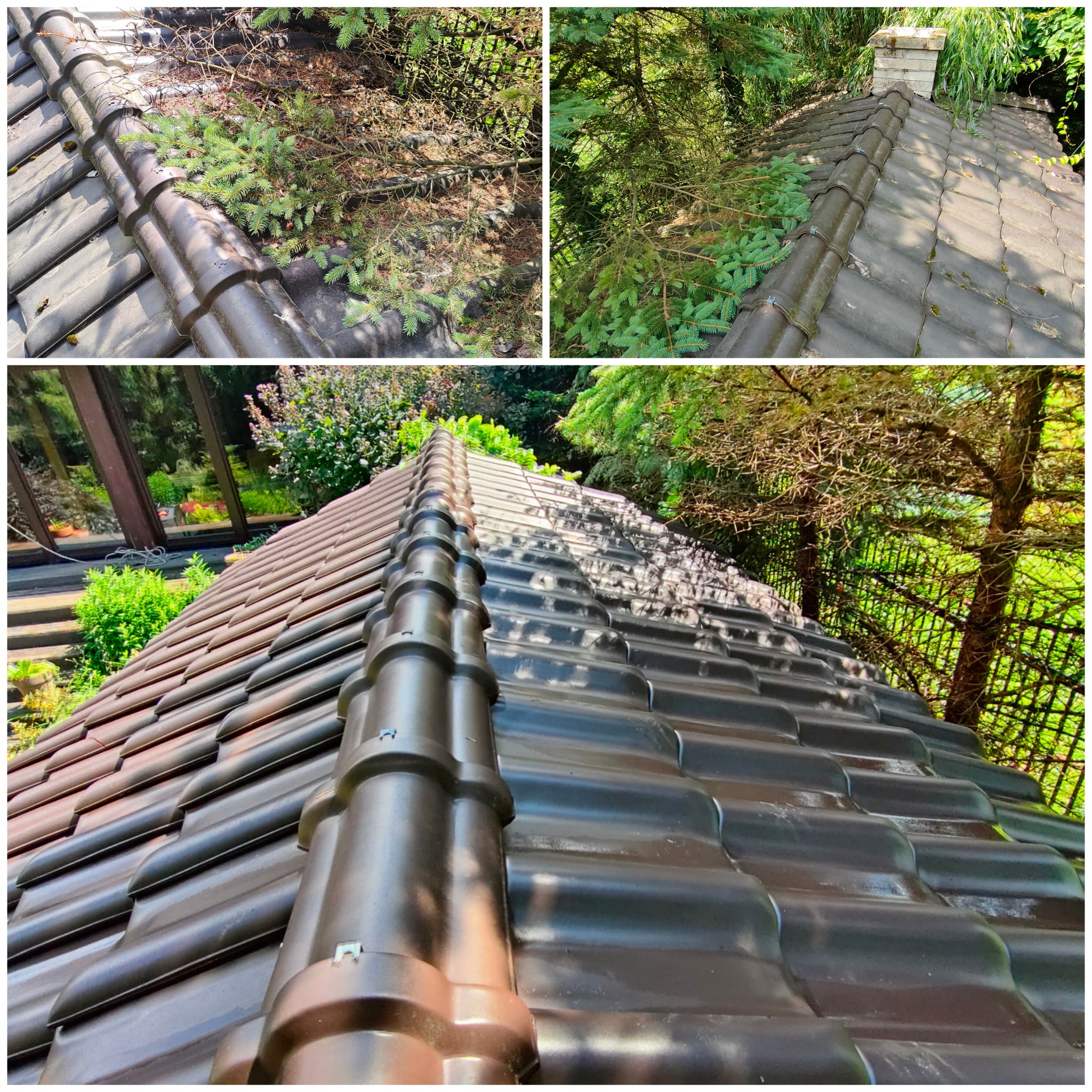 Kolaż przedstawiający dachówkę przed i po czyszczeniu, z widocznymi igliwiem i mchem na brudnej części oraz czystą powierzchnią po zabiegu.