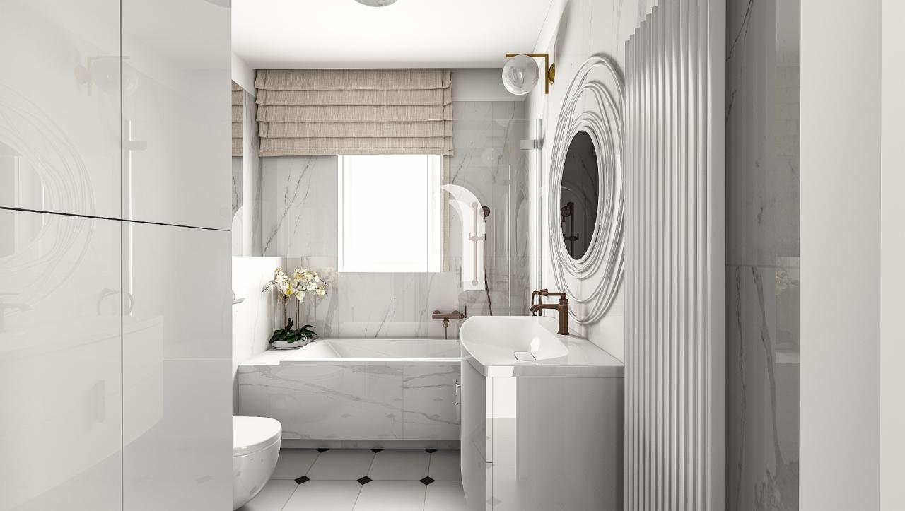 Elegancka, biała łazienka z marmurowymi płytkami, owalnym lustrem z dekoracyjną ramą, brązową armaturą i subtelnymi akcentami kwiatowymi.