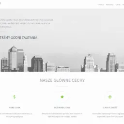 Strona internetowa firmy z szarym tłem przedstawiającym panoramę miasta, podkreślająca niskie ceny, doświadczenie i elastyczność.
