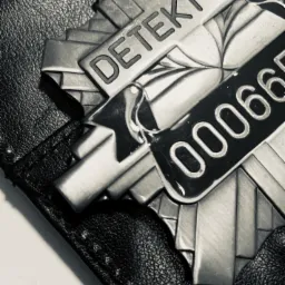 Metalowa odznaka z napisem 'DETEKTYW' i numerem seryjnym na skórzanym portfelu, czarno-biała fotografia.