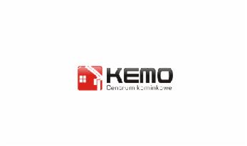 Logo firmy Kemo Centrum Kominowe z czerwonym kwadratem symbolizującym dom z kominem.