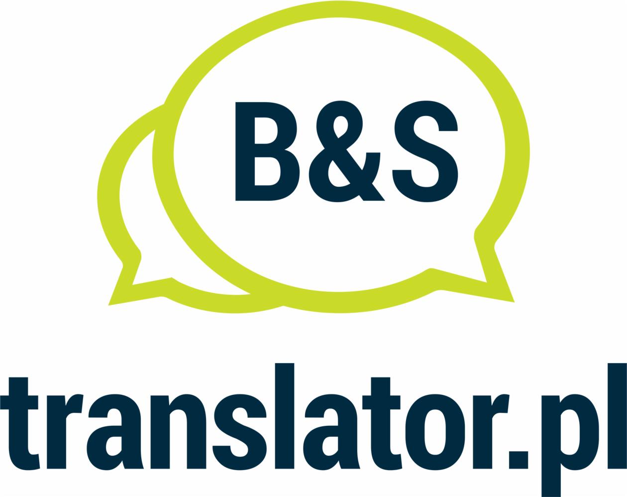 Logo firmy B&S translator.pl z zielonymi dymkami dialogowymi.