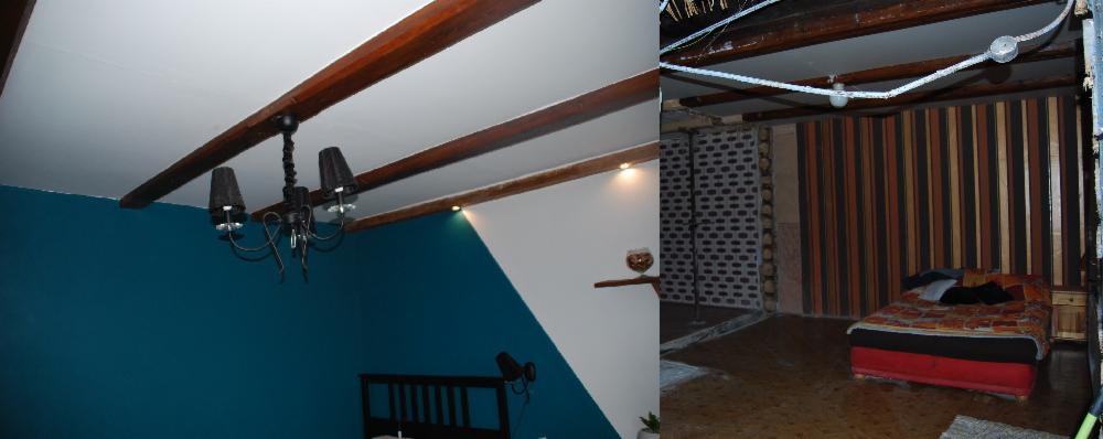 Porównanie pokoju przed i po remoncie: po lewej odnowione wnętrze z turkusową ścianą, drewnianymi belkami i czarnym żyrandolem; po prawej pokój przed remontem z tapetą w paski i widocznym zużyciem.