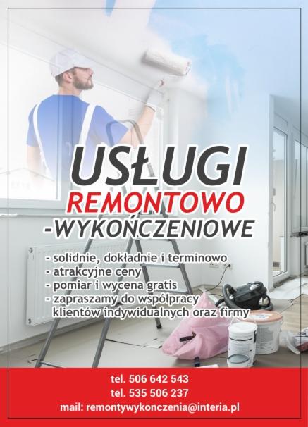 Reklama usług remontowych: mężczyzna maluje sufit wałkiem, hasła reklamowe, numer telefonu i adres e-mail firmy.