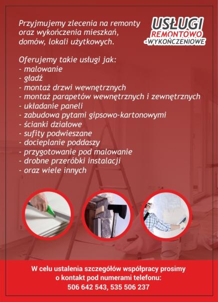 Plakat reklamowy firmy remontowo-wykończeniowej z listą oferowanych usług, w tym malowania, gładzi, montażu drzwi i paneli, zabudowy gipsowo-kartonowej, ścianek działowych, sufitów podwieszanych...
