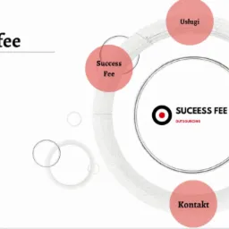 Diagram kołowy z hasłem 'success fee', prezentujący usługi outsourcingowe, wartości, zespół i kontakt.