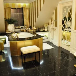 Luksusowa łazienka z czarną, błyszczącą podłogą, złotymi akcentami na wannie, bidecie i ścianach w paski, uzupełniona białym pufem i roślinami doniczkowymi.