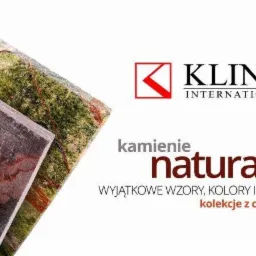 Przekrój kilku próbek kamienia naturalnego o różnych kolorach i fakturach, z logo firmy Klink International i napisem 'kamienie naturalne'.