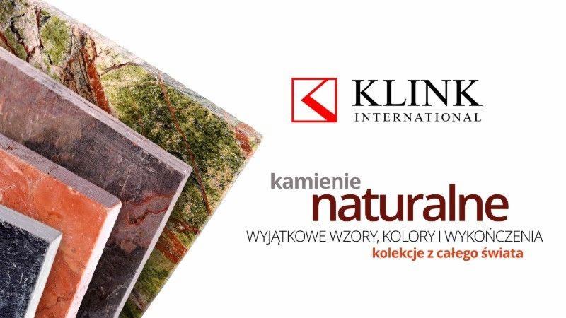 Przekrój kilku próbek kamienia naturalnego o różnych kolorach i fakturach, z logo firmy Klink International i napisem 'kamienie naturalne'.