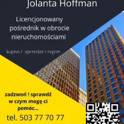 Reklama biura nieruchomości Home Inwest Jolanta Hoffman z Łodzi, prezentująca budynki mieszkalne i dane kontaktowe.