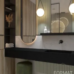 Wizualizacja łazienki z czarnym, teksturowanym blatem umywalki, okrągłym podświetlanym lustrem, wiszącymi lampami kulami, i zielonym taboretem obok szafki z drewnianymi frontami.