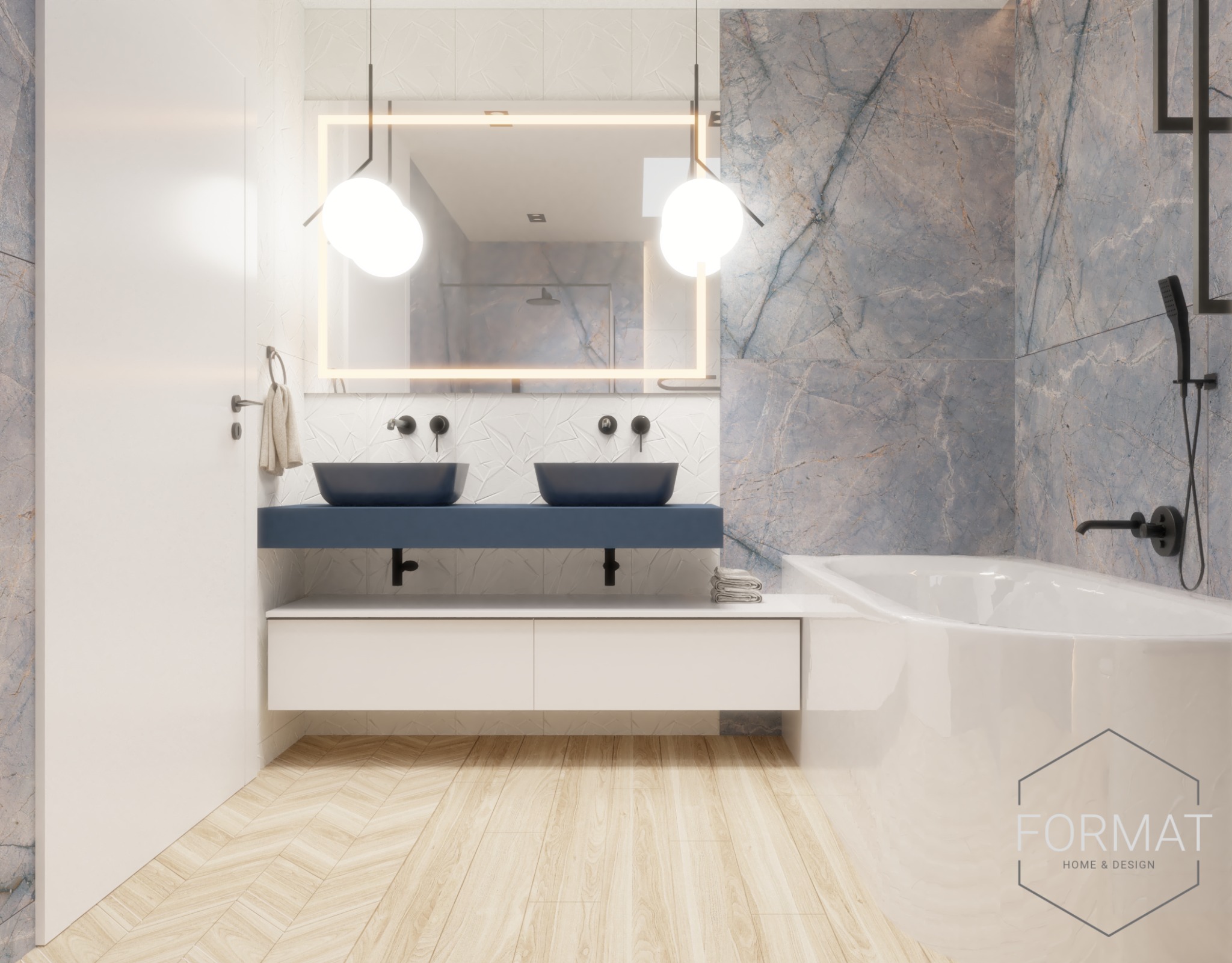 Nowoczesna łazienka z podwójną umywalką w kolorze granatowym, podświetlanym lustrem w kształcie kwadratu i marmurowymi płytkami w odcieniach szarości i błękitu.