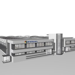 Concept-L sp. z o.o. - Wizualizacja 3D nowoczesnego zakładu produkcyjnego z częścią biurową, z przeszklonym cylindrycznym wejściem i logo 'EKOPOL-MAL' na fasadzie.